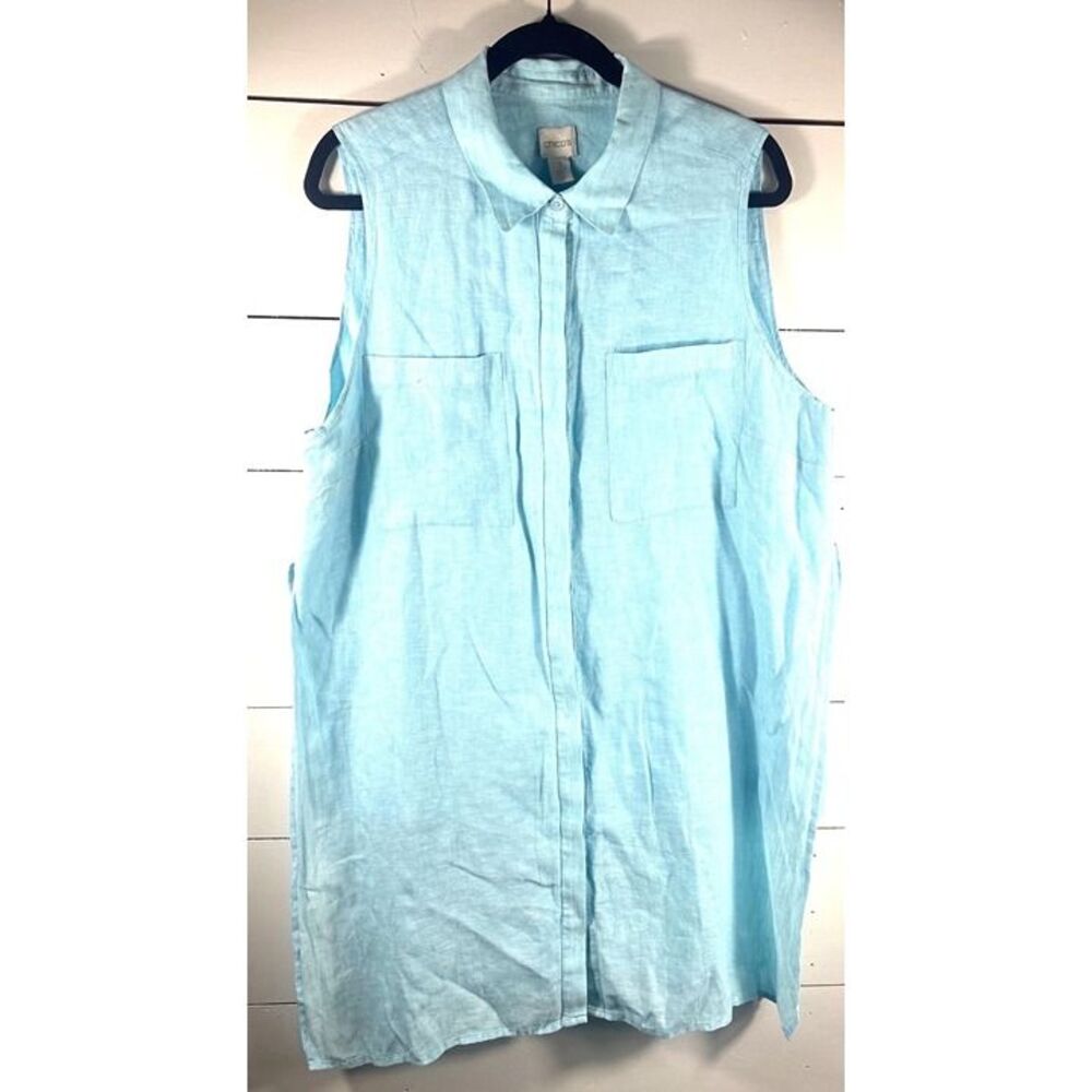 Chicos Sleeveless Light Blue Linen Tunic Shirt Dress With Pockets Size 3